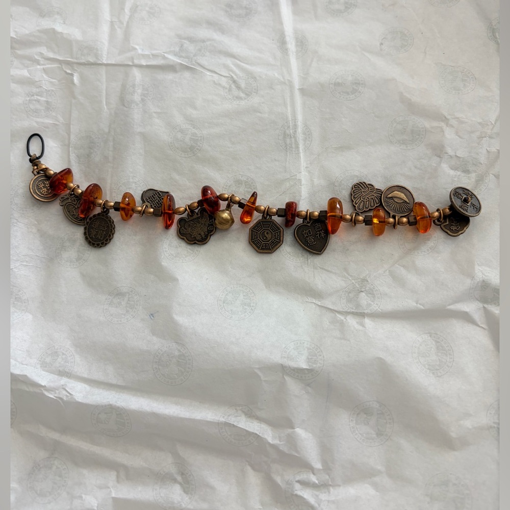 Vintage 90’s Hong Kong Chinese Charm Bracelet Amber Glass